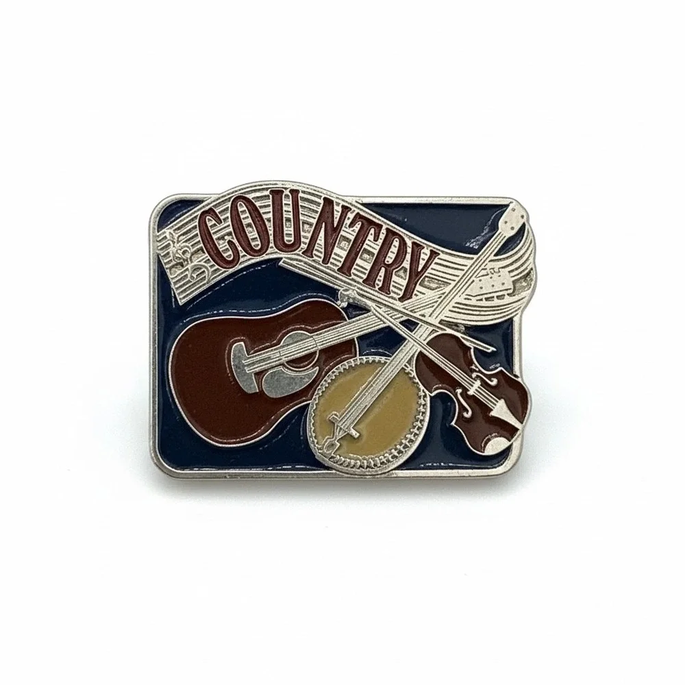 Vintage Country‎ Music Belt Buckle Guitar Banjo Fiddle Made in USA  Blue Enamel